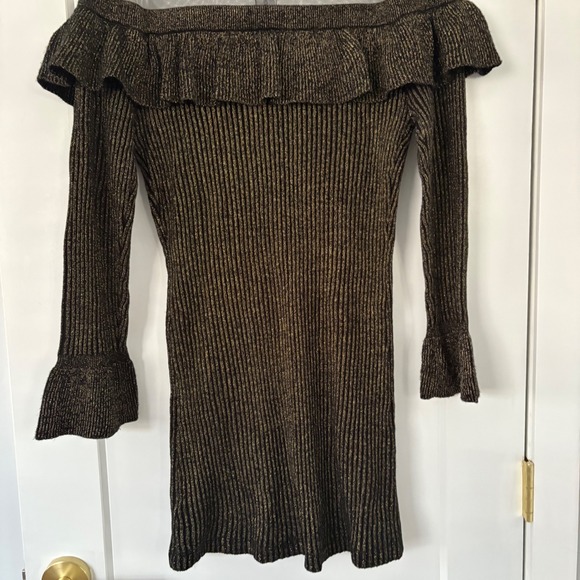 Venus Black Gold Metallic Mesh Ruffle Off Shoulder Long Sleeve Dress XL New Year - Picture 9 of 16